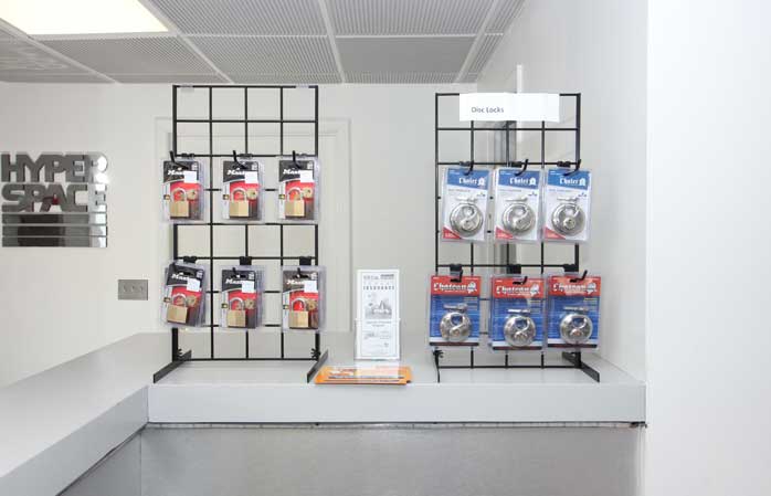 Storage locks for sale in office lobby.